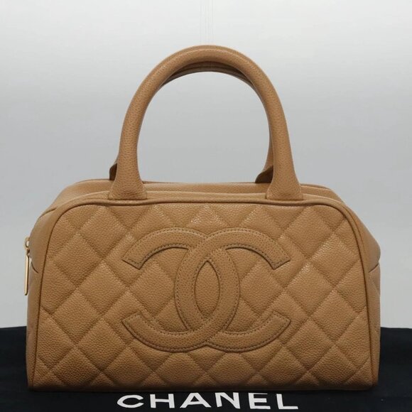 CHANEL Matelasse Hand Bag Grained Calf Skin Beige Gold CC Auth - Picture 1 of 15